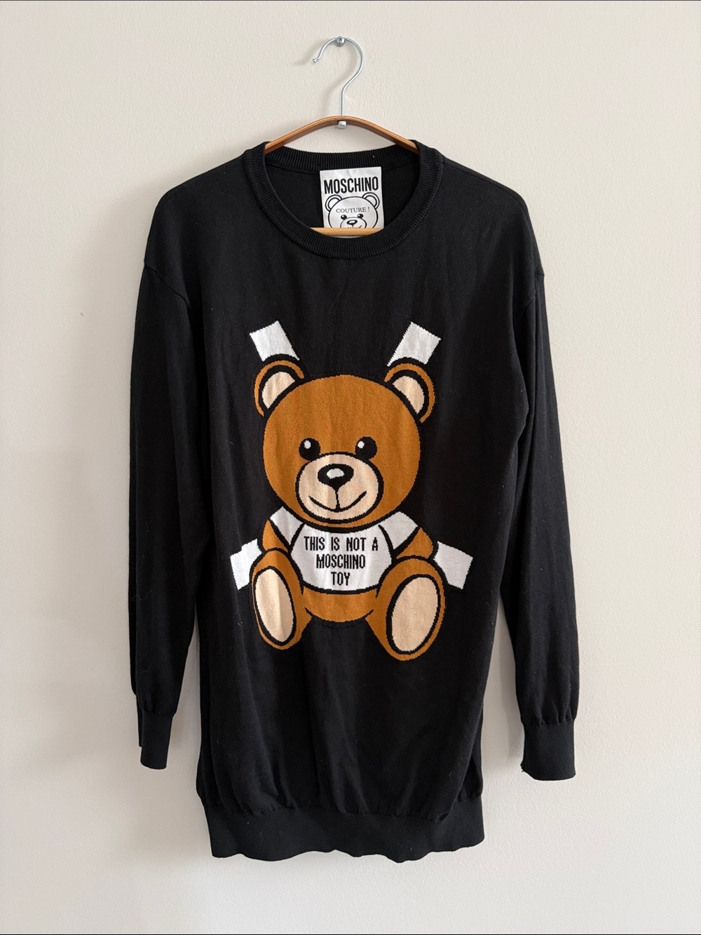 Authentic Moschino Black Sweater dress with Tan Teddy Graphic